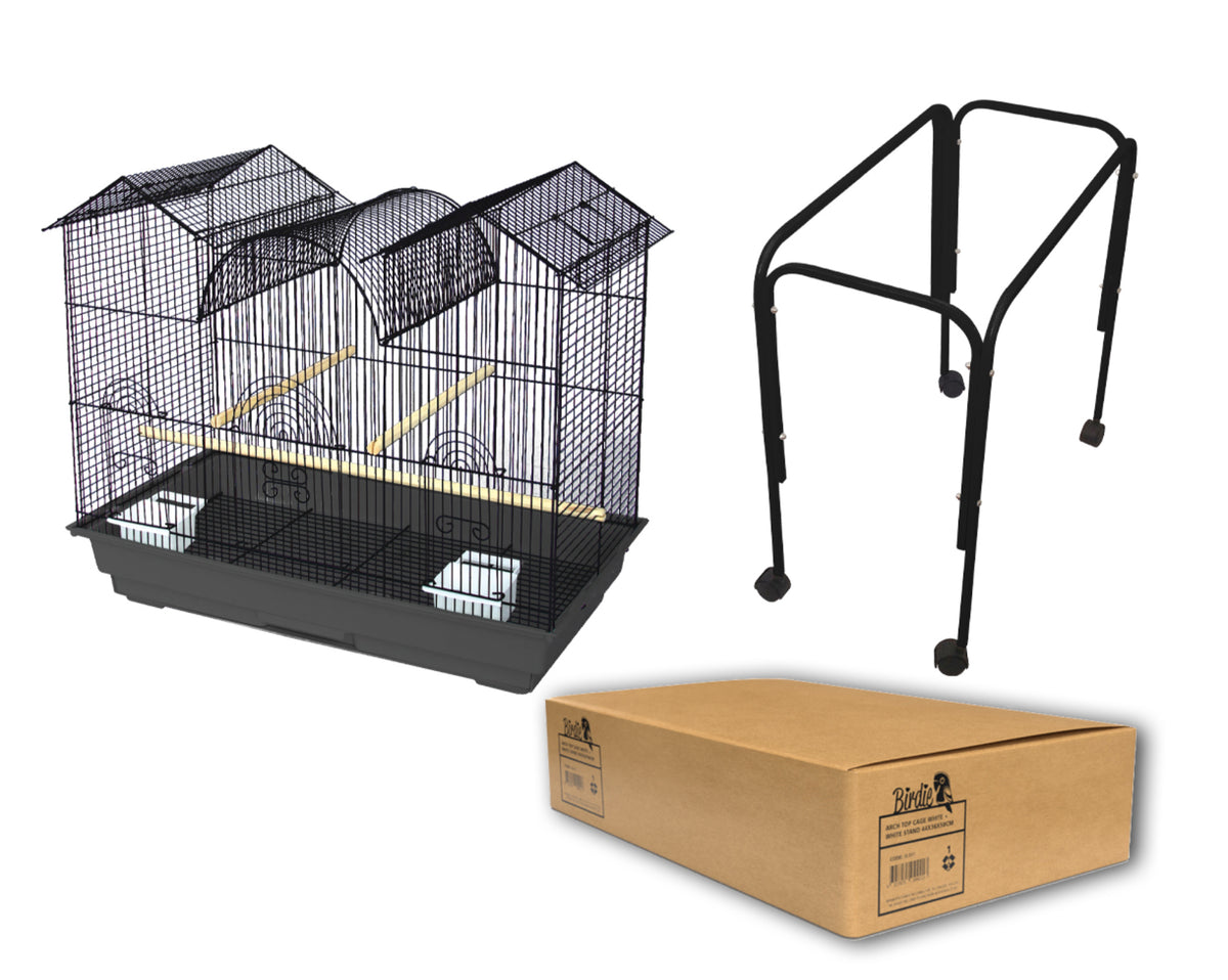 Birdie Triple Top Cage in black, three peaked roof sections, with its black stand and flat-pack carton