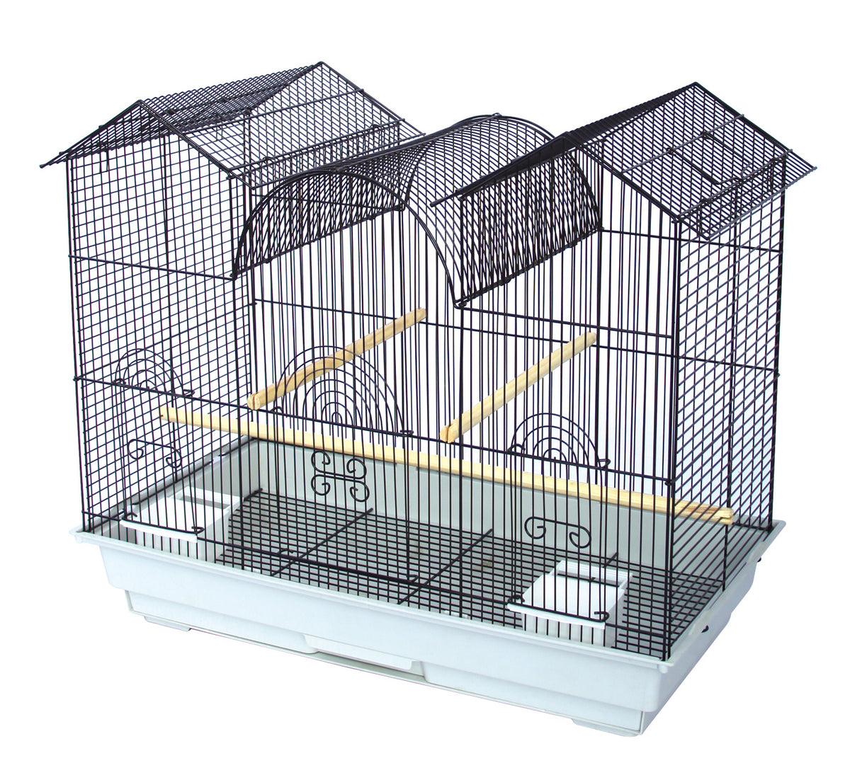 Birdie Flight Cage in black with a peaked dome roof, wider than it is tall at 66cm across