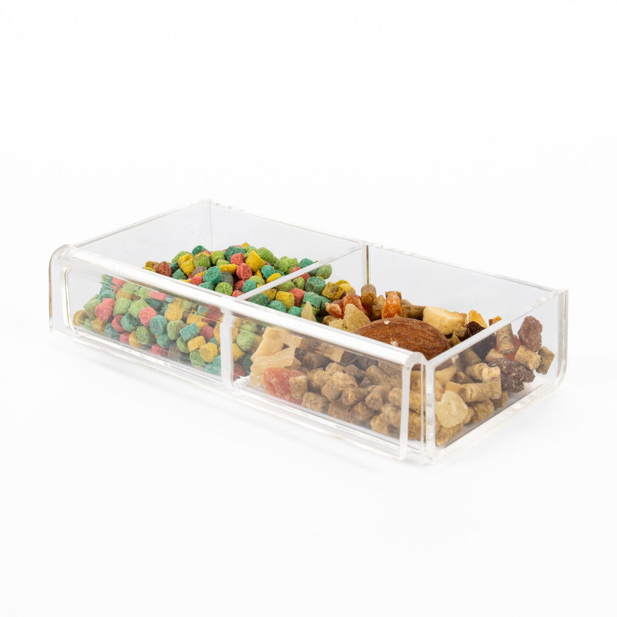 Clear acrylic TrayMate insert filled with mixed bird seed