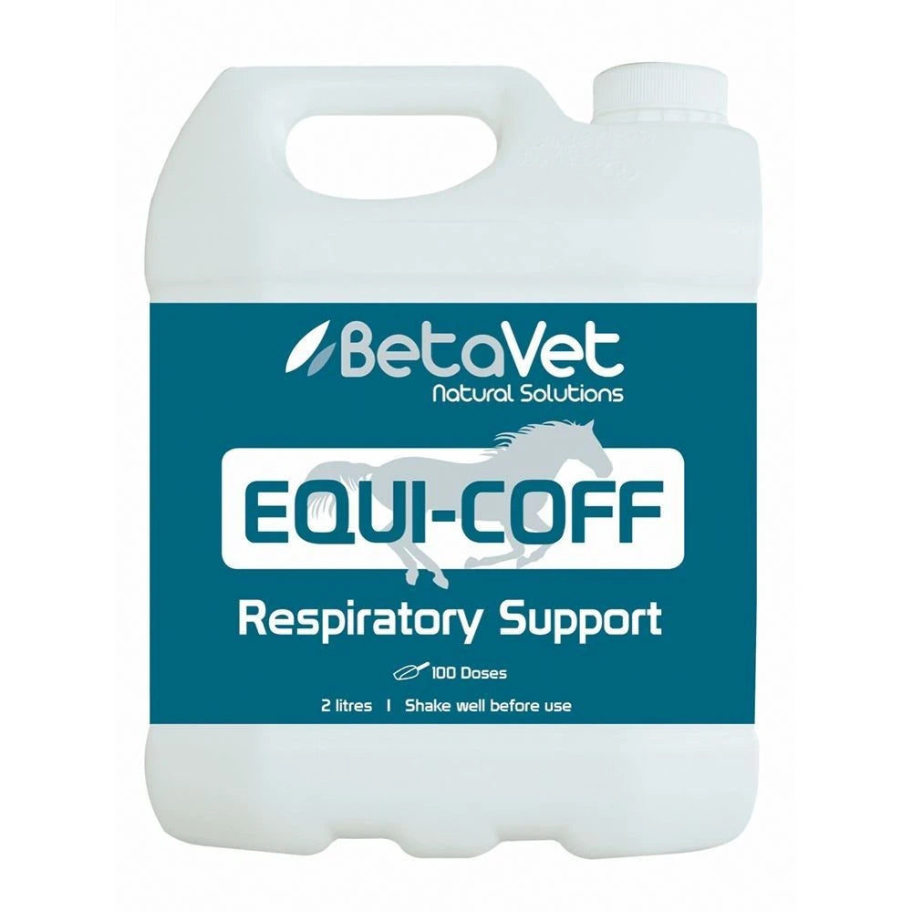 BetaVet Equi-Coff respiratory support in the 2 litre white handled container, teal label