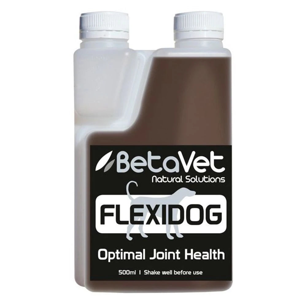 BetaVet FlexiDog 500ml measuring bottle, brown liquid visible behind the black dog-branded label