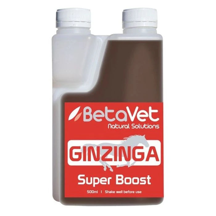BetaVet Ginzinga Super Boost 500ml bottle, red label with brown liquid in the chamber