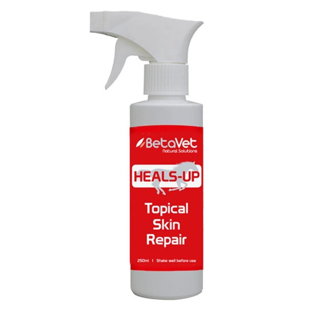 BetaVet Heals-Up topical antiseptic blend, 250ml trigger spray with animal silhouettes on the red label