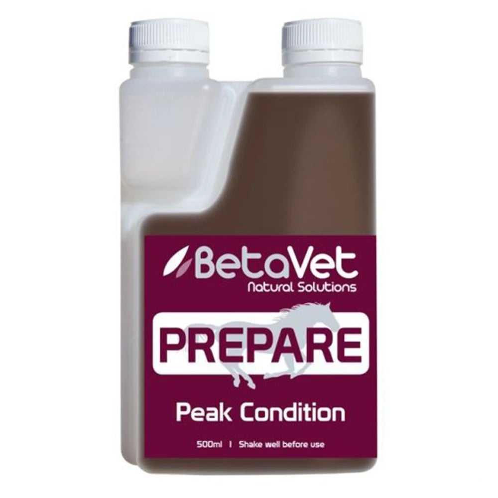 BetaVet Prepare Peak Condition 500ml measuring bottle, brown liquid behind a burgundy label