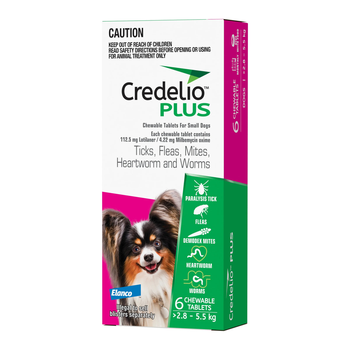 Credelio Plus for small dogs 2.8-5.5kg, 1 chewable tablet – front of carton