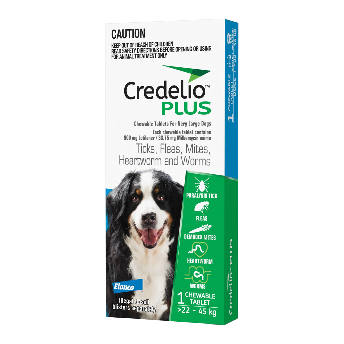 Credelio Plus for extra large dogs 22-45kg, 1 chewable tablet – front of carton