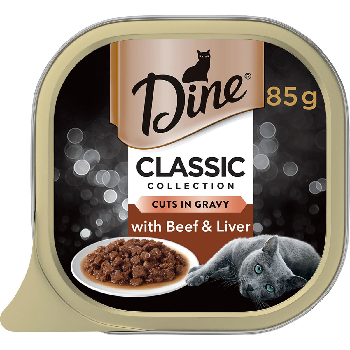 Dine Adult wet cat food Beef & Liver in Gravy 85g trays, 14 pack carton front