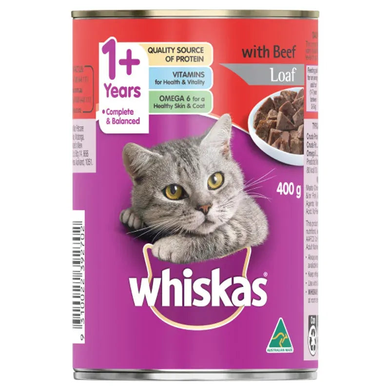 Whiskas Adult Chicken & Beef 400g cans, 24 pack carton front