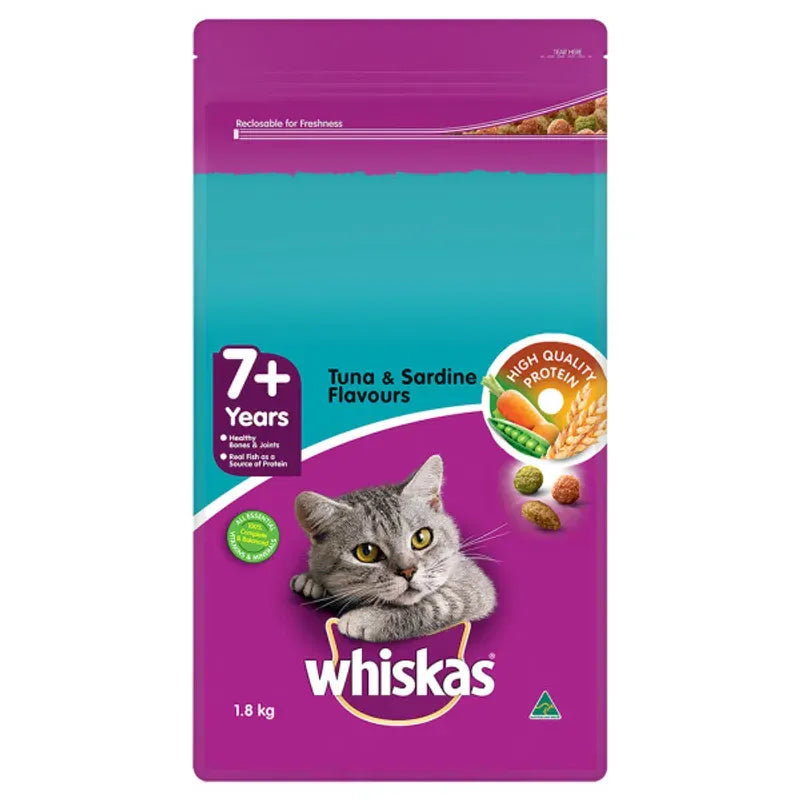 Whiskas Senior 7+ Tuna & Sardine dry cat food 1.8kg bag front of pack