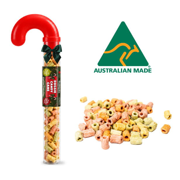 Festive Crunchies candy cane treat tube standing upright with red ribbon