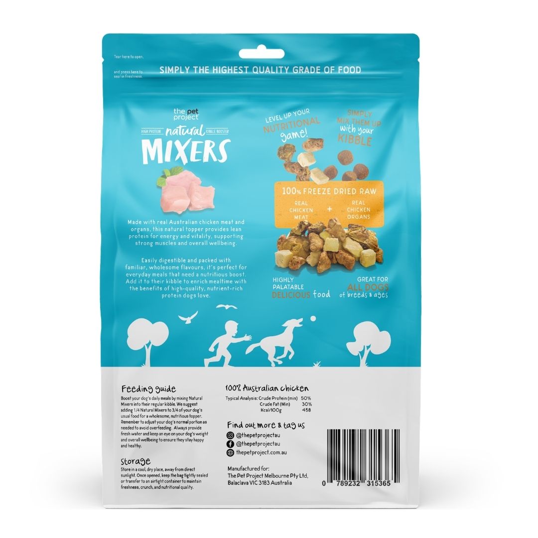 The Pet Project Mixers Chicken back of pack with ingredients and feeding guide