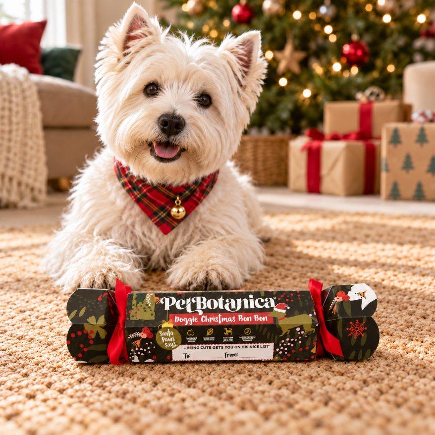 Christmas bon bon cracker for dogs standing on a festive table