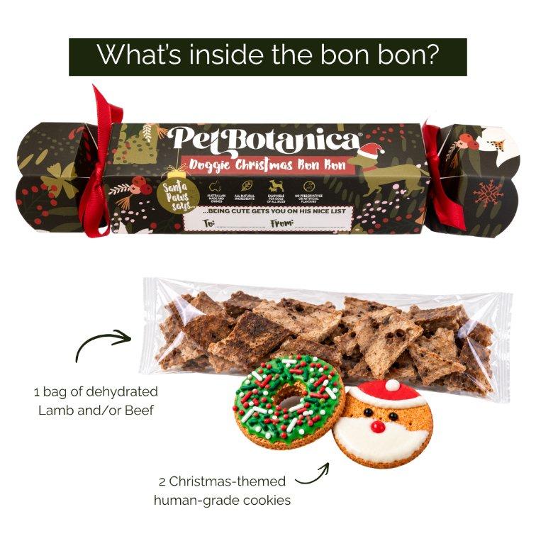 Bon bon cracker pulled open showing the Australian made dog treats inside