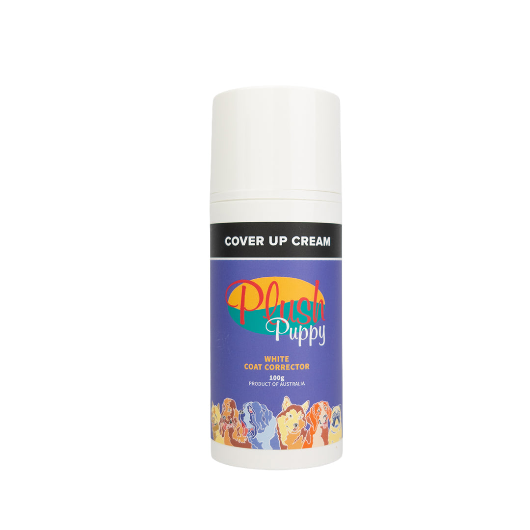 Plush Puppy Cover-Up Cream 100g in the new white pump bottle with purple illustrated dog label