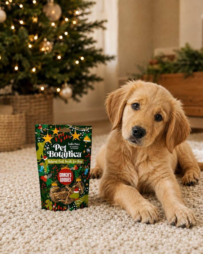 Dog waiting beside a pouch of Grinch's Goodies Christmas treats