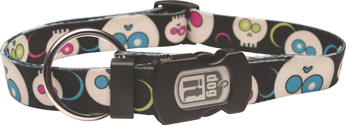 Grey nylon dog collar with a colourful skull pattern