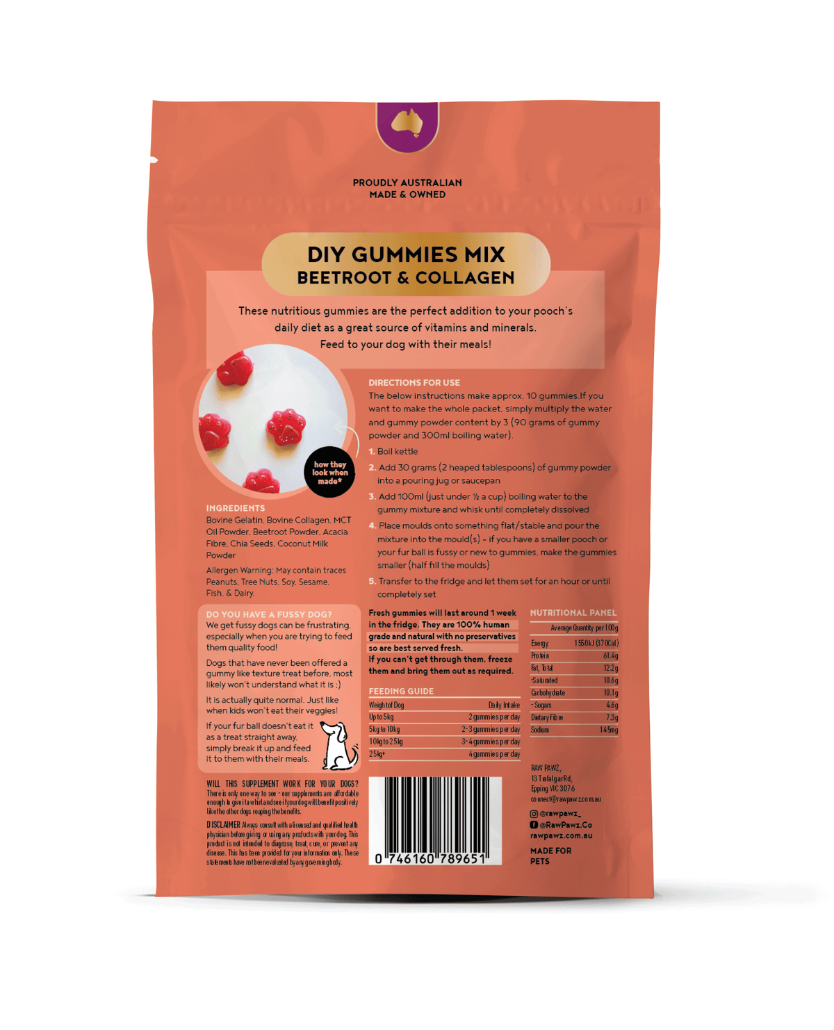 Raw Pawz Beetroot & Collagen DIY Dog Gummies back of pack showing ingredients