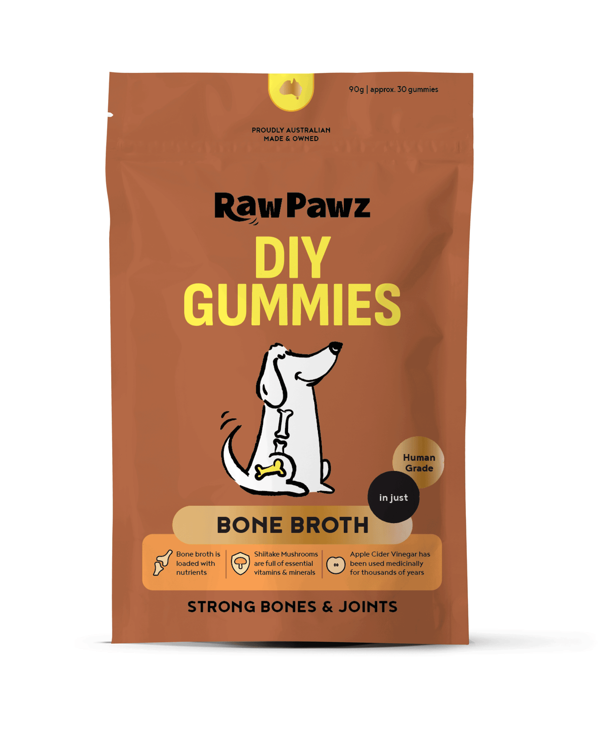 Raw Pawz Bone Broth DIY Dog Gummies 90g pack, front of pack