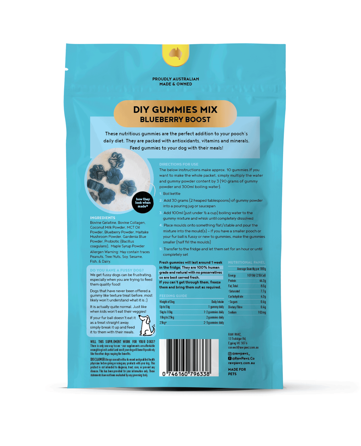 Raw Pawz Blueberry Boost DIY Dog Gummies back of pack showing ingredients