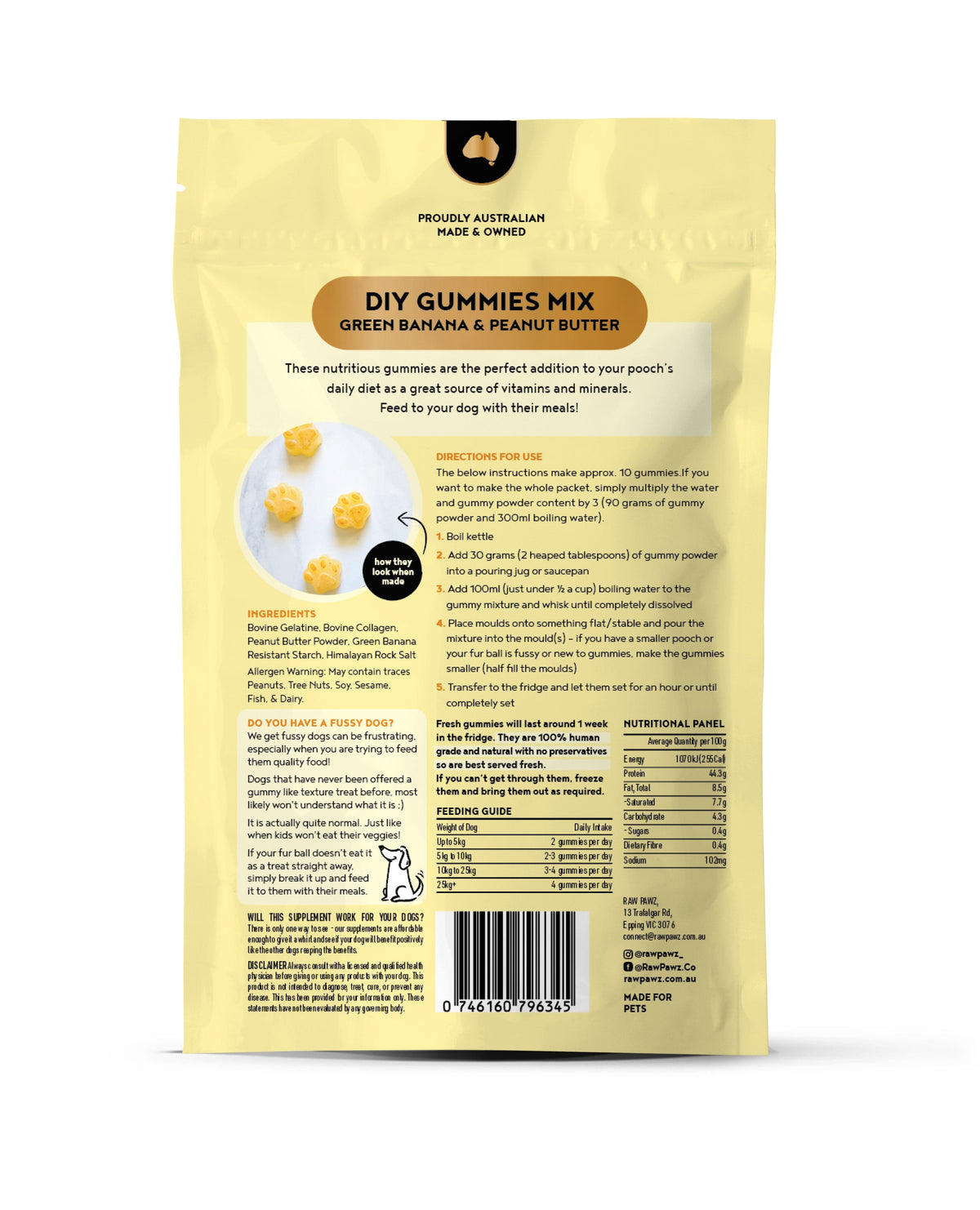Raw Pawz Green Banana & Peanut Butter DIY Dog Gummies back of pack showing ingredients