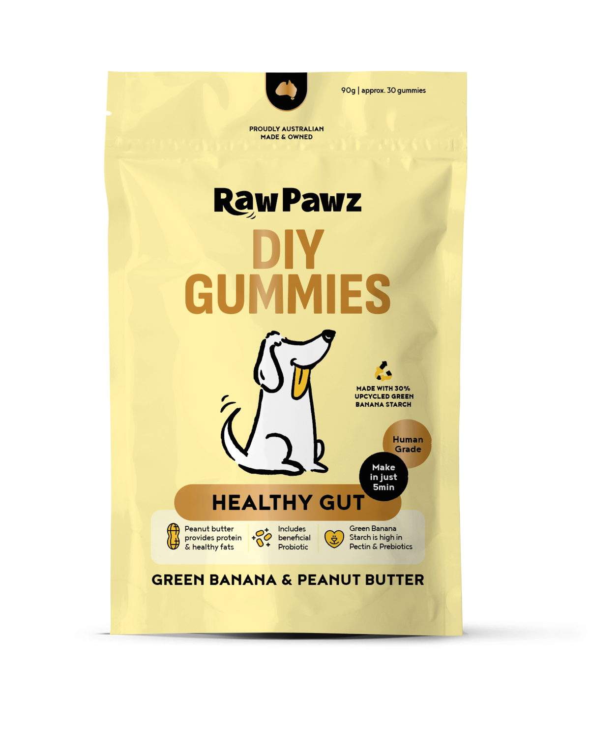 Raw Pawz Green Banana & Peanut Butter DIY Dog Gummies 90g pack, front of pack