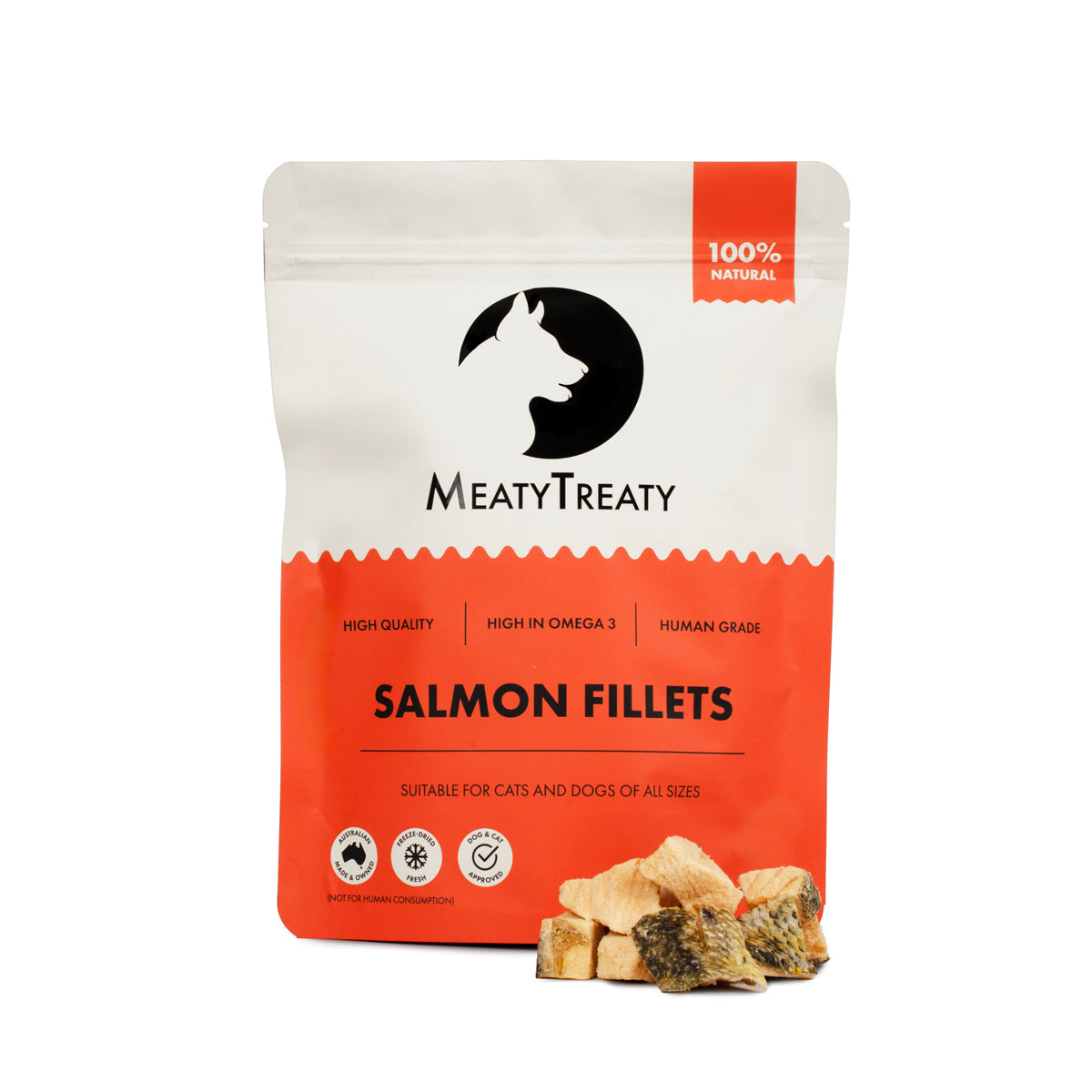 Meaty Treaty Freeze Dried Salmon Fillets 80g – pouch shown with the treats