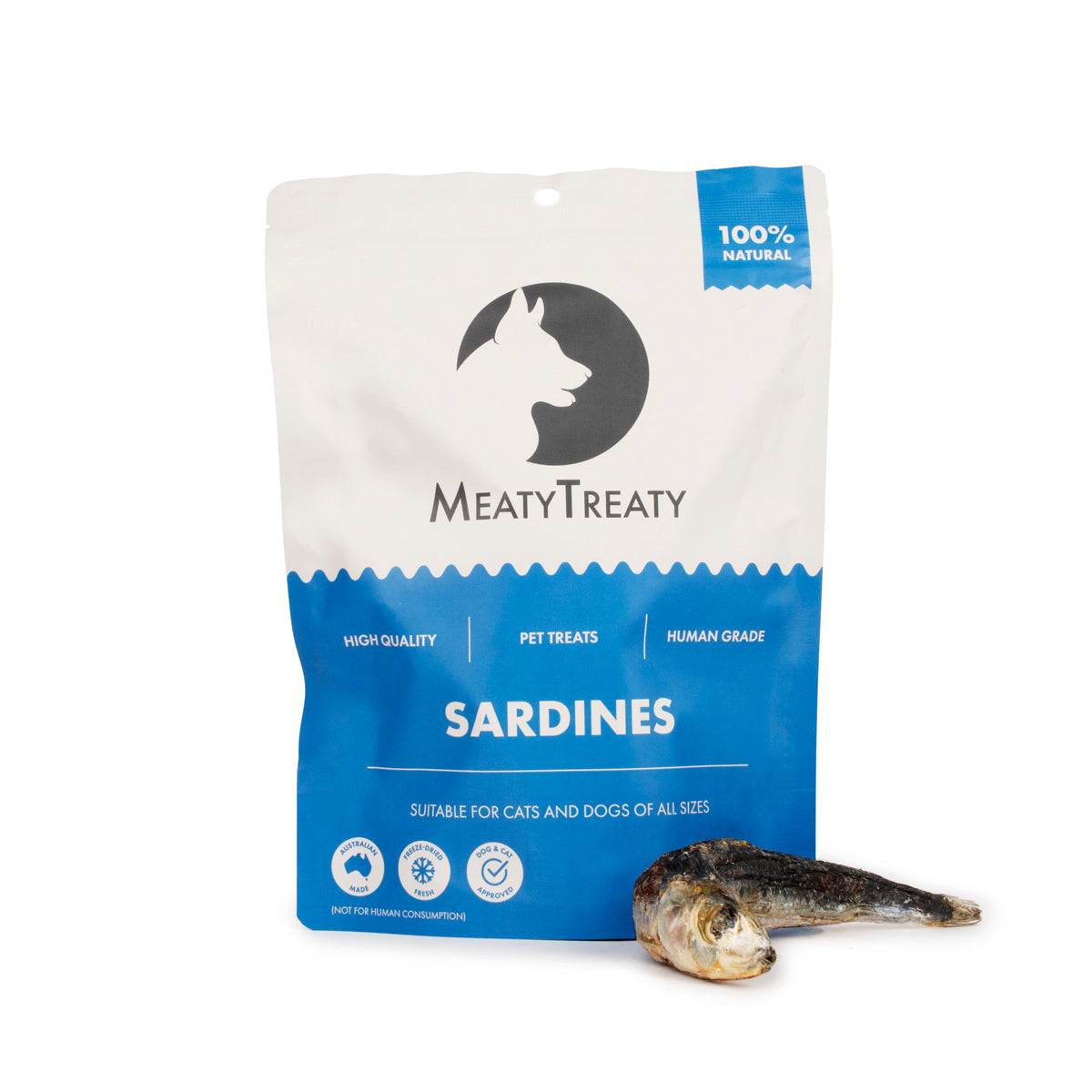 Meaty Treaty Freeze Dried Whole Sardines 100g – pouch shown with the treats