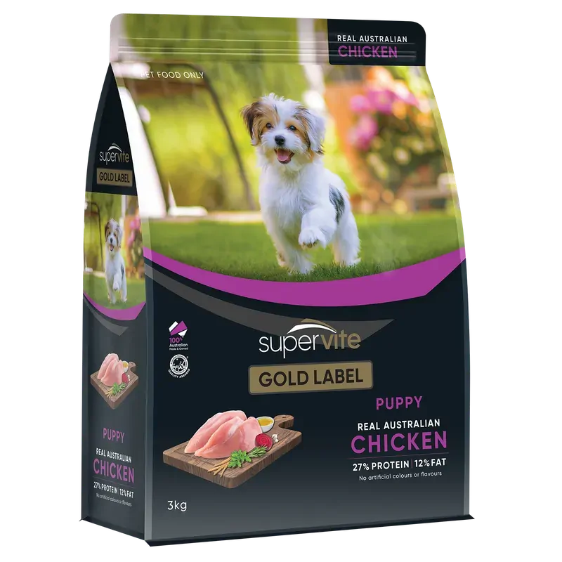 SuperVite Gold Label Puppy Chicken dry dog food 3kg bag front