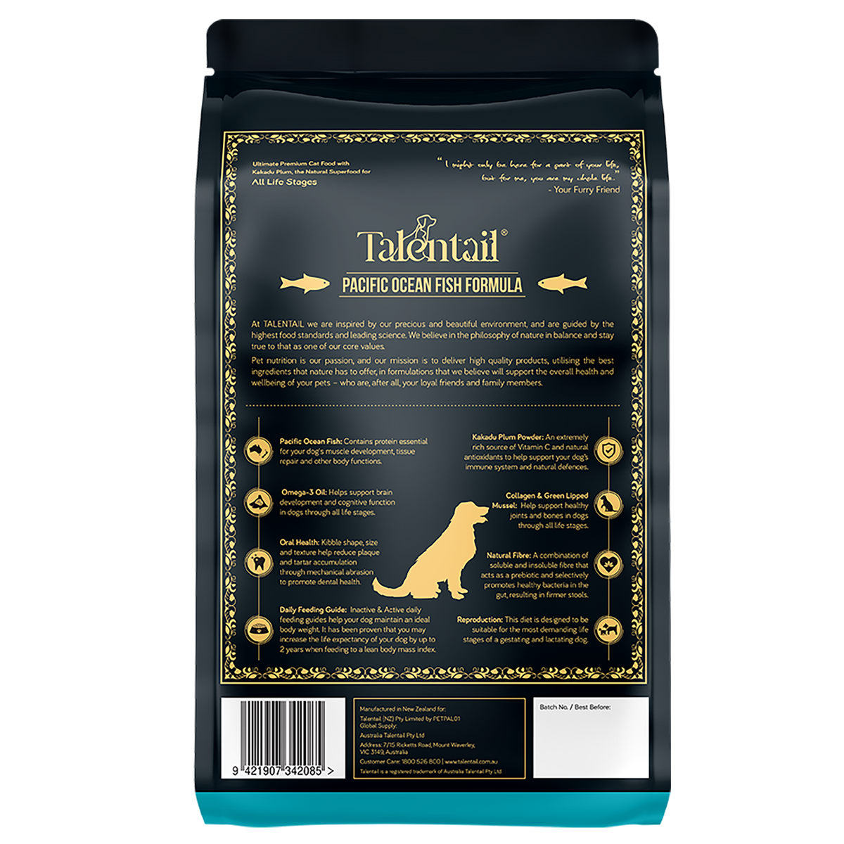 Talentail Ultimate Pacific Ocean Fish dog food – flat back panel with ingredients and guaranteed analysis