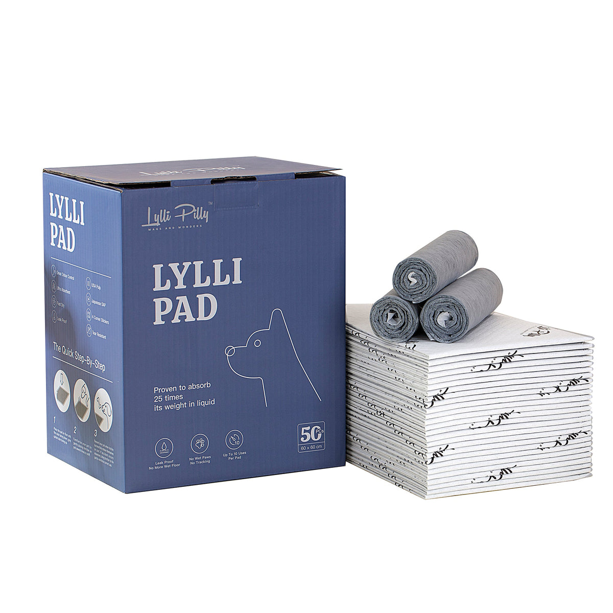 Lylli Pad box of 50 with a stack of folded 60 x 60cm pads and rolled pads beside it on a white background