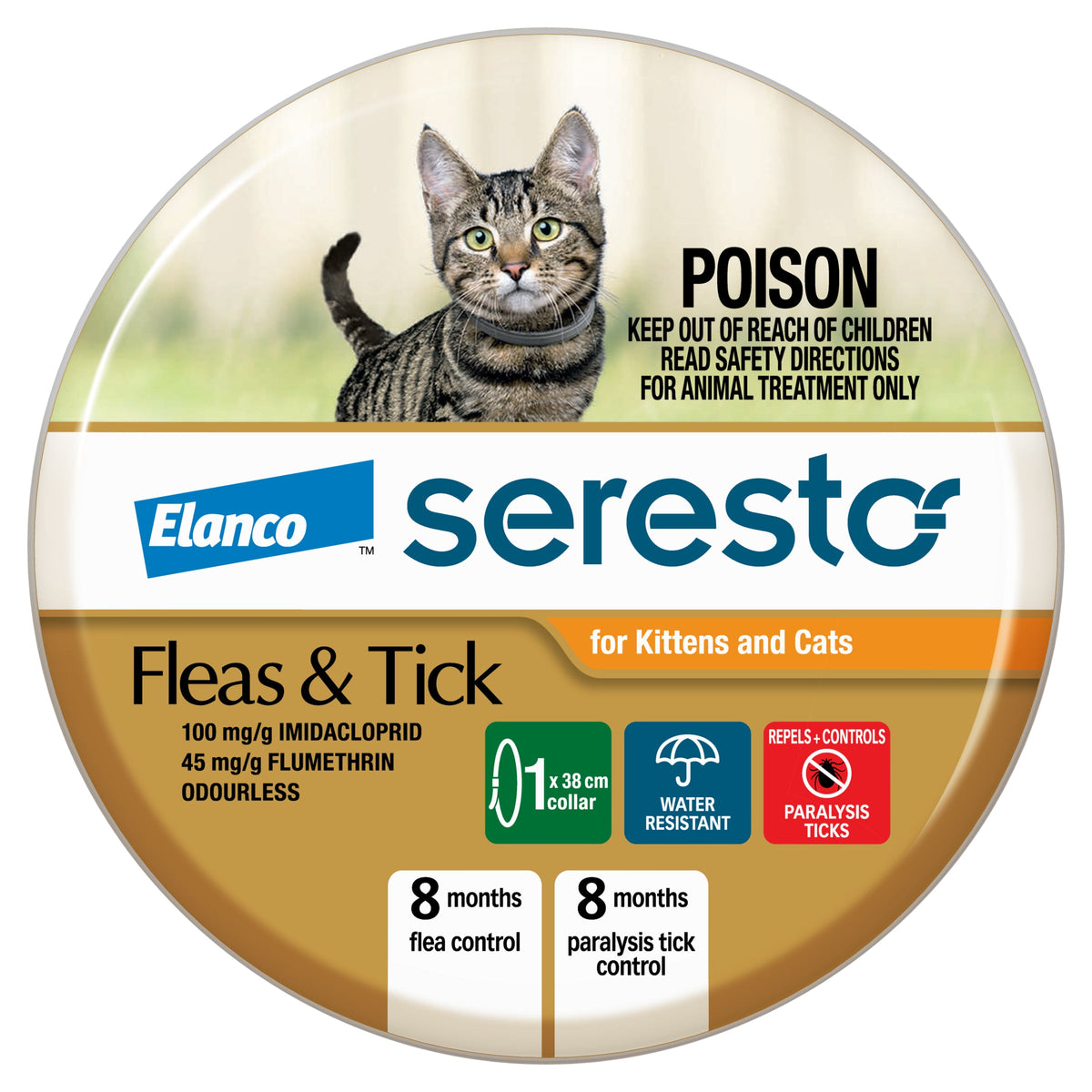 Seresto Flea and Tick Collar for Cats and Kittens, front of single collar pack