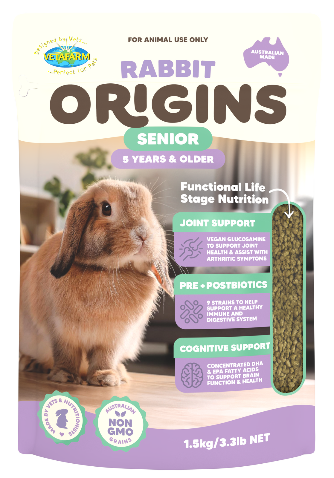 Vetafarm Rabbit Origins Senior 1.5kg bag front of pack