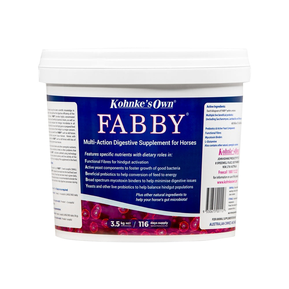 Kohnke's Own FABBY multi-action digestive supplement for horses, front of pack