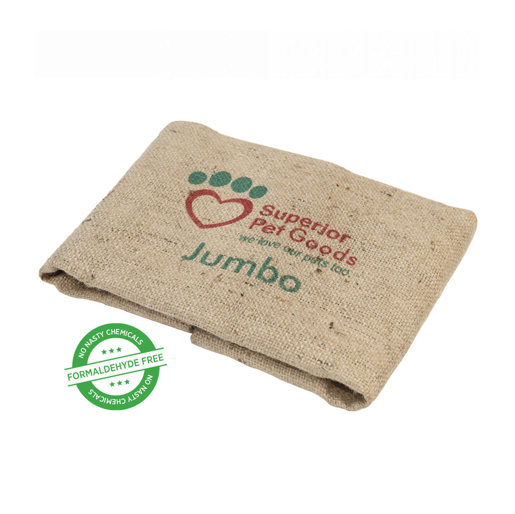 Superior Pet Goods Fitted Hessian Dog Bed Cover in Jumbo, folded with an Australian Made badge