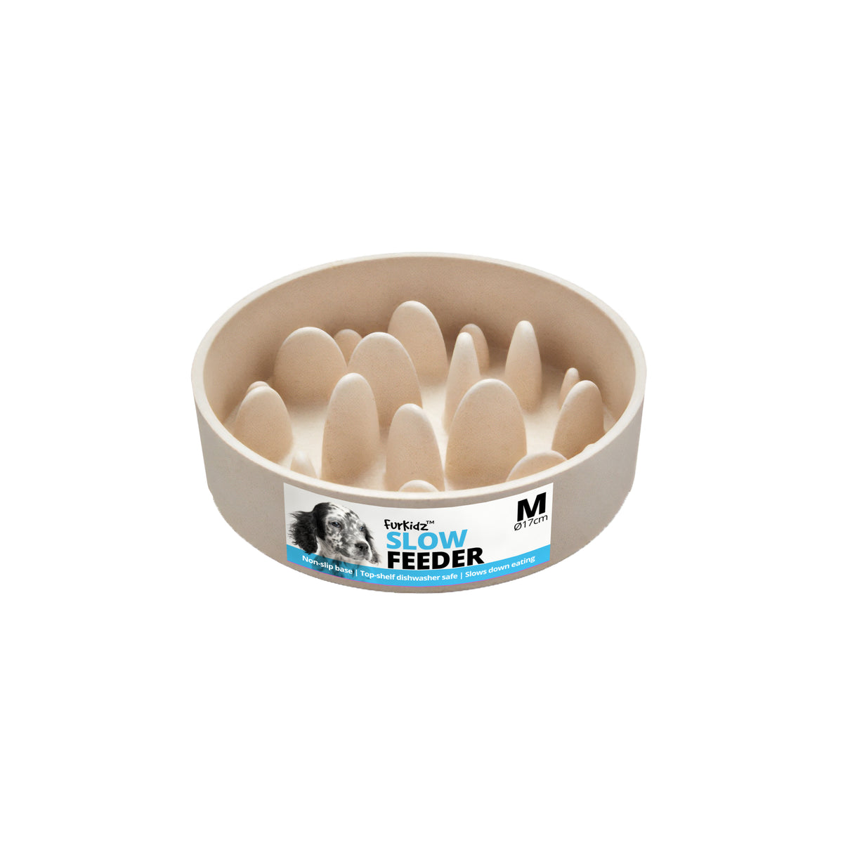 FurKidz slow feeder bowl, size M on the label, cream plastic with tall moulded pegs