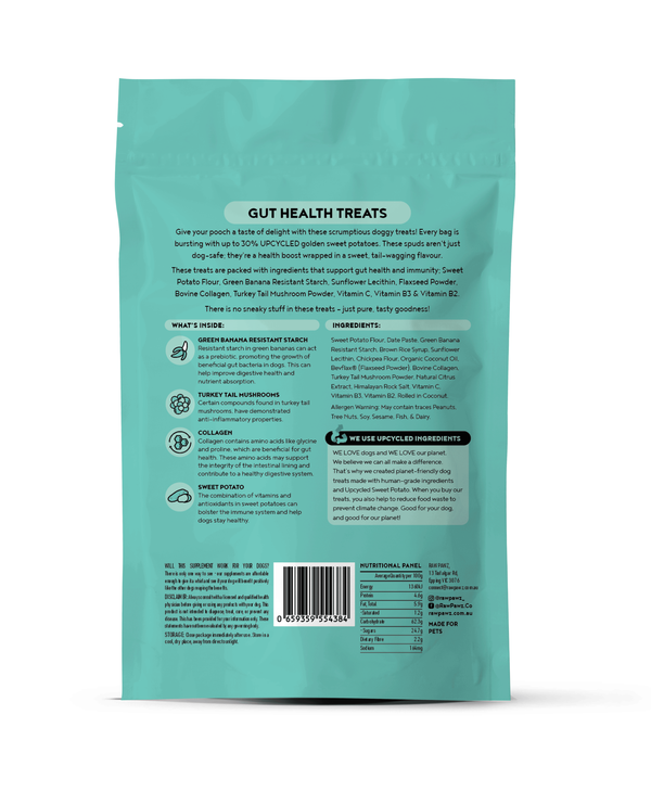 Raw Pawz Gut Health Dog Treats back of pack showing ingredients