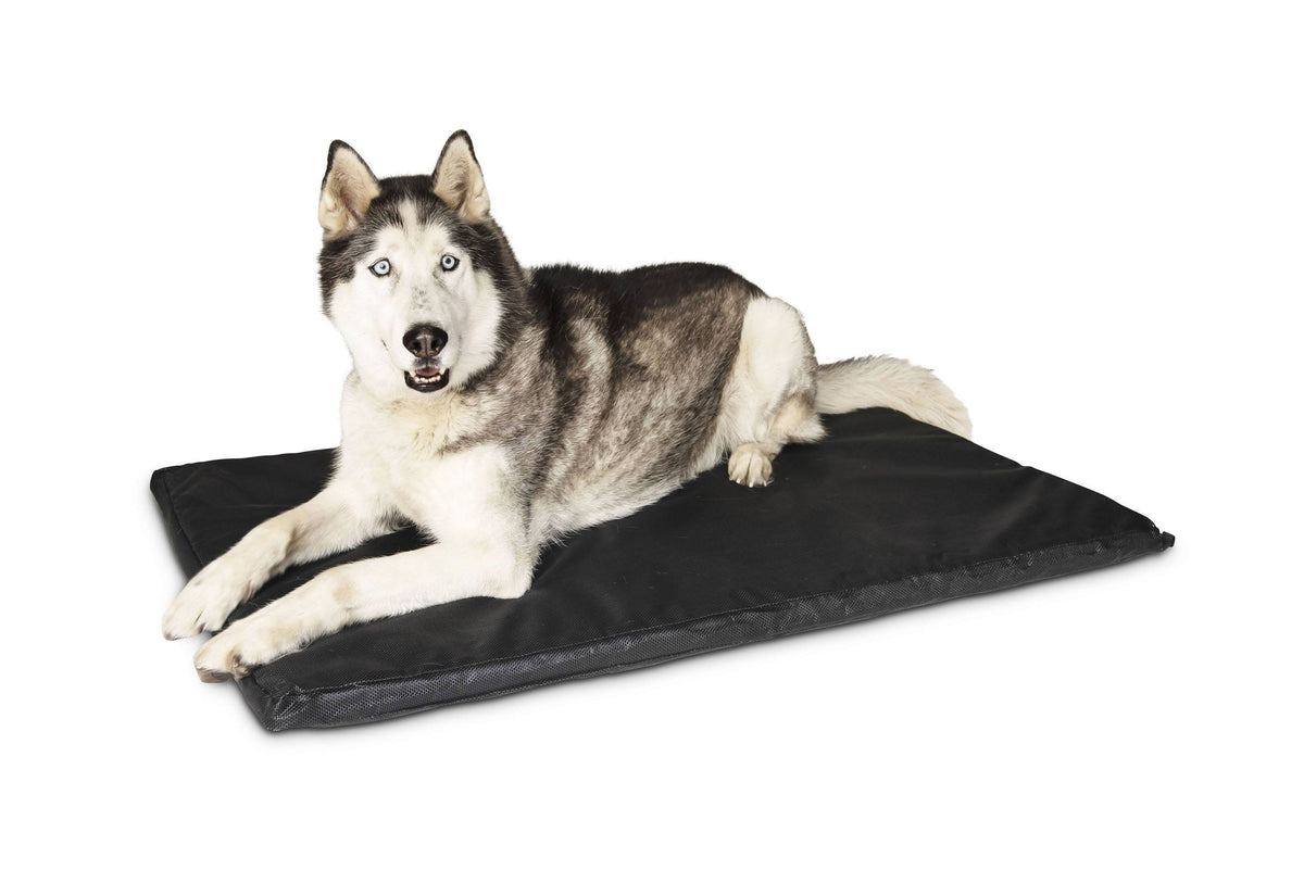 A husky lying on a Superior Pet Goods Heavy Duty Flea-Free Dog Mat in black