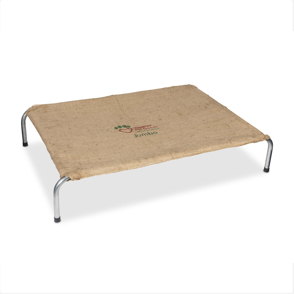 Superior Pet Goods hessian raised dog bed on a steel frame, angled view