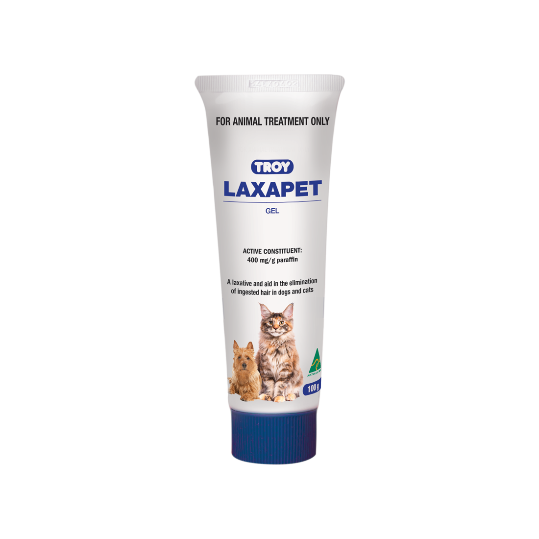 Troy Laxapet Gel 100g tube, white tube with blue cap and a cat and dog on the label