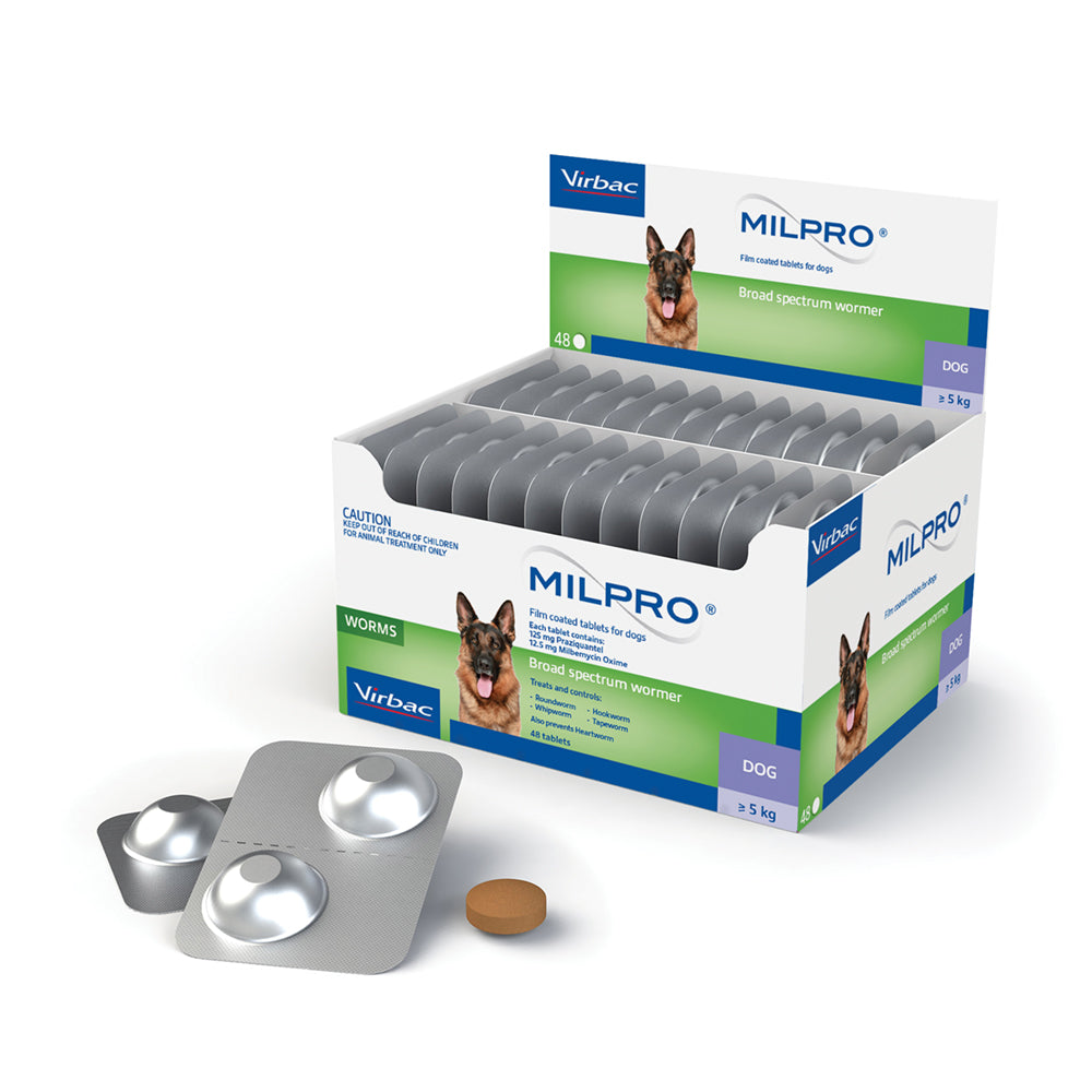 Milpro allwormer for dogs 5-25kg – 48 tablet dispenser box with blister strip