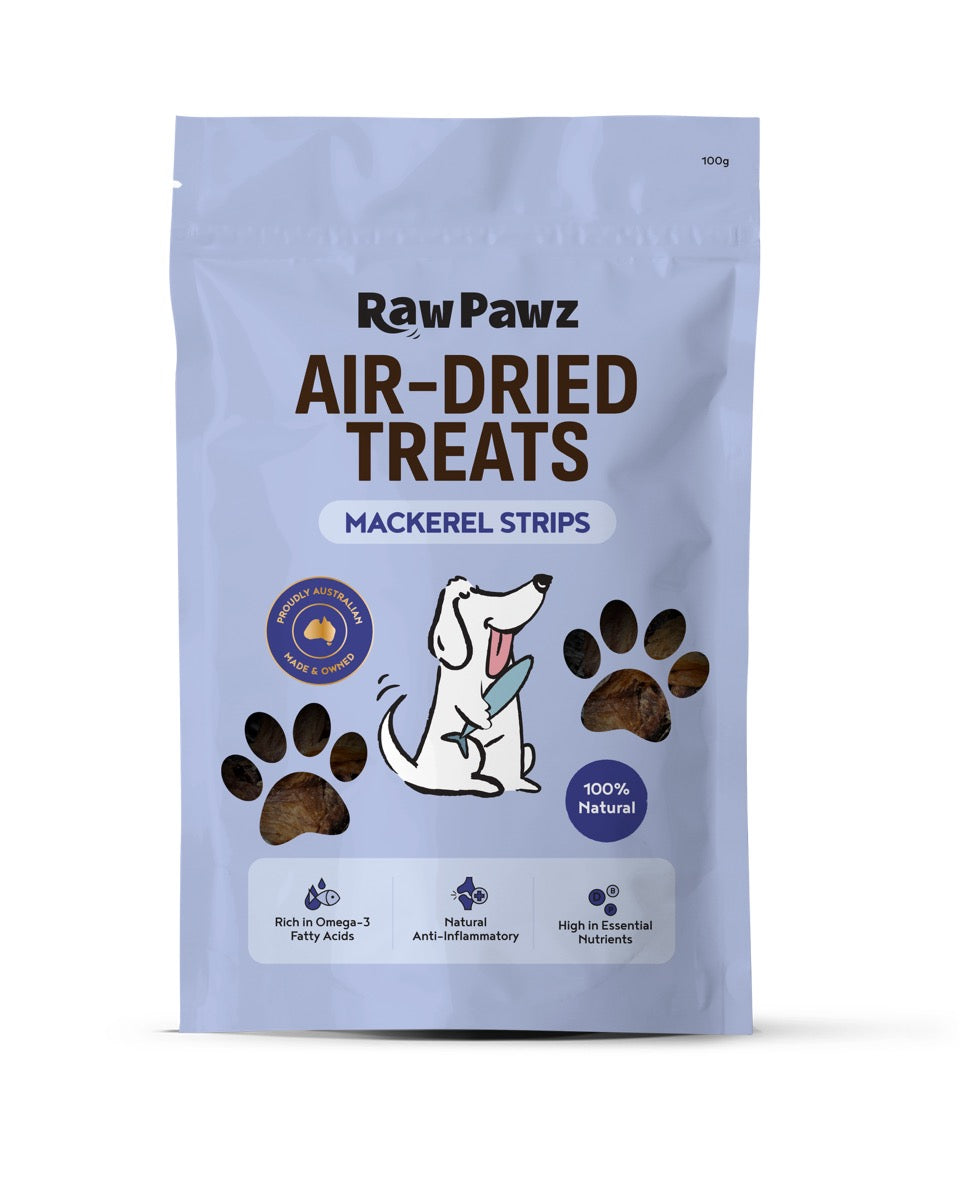 Raw Pawz Mackerel Strip Dog Treats 100g pack, front of pack