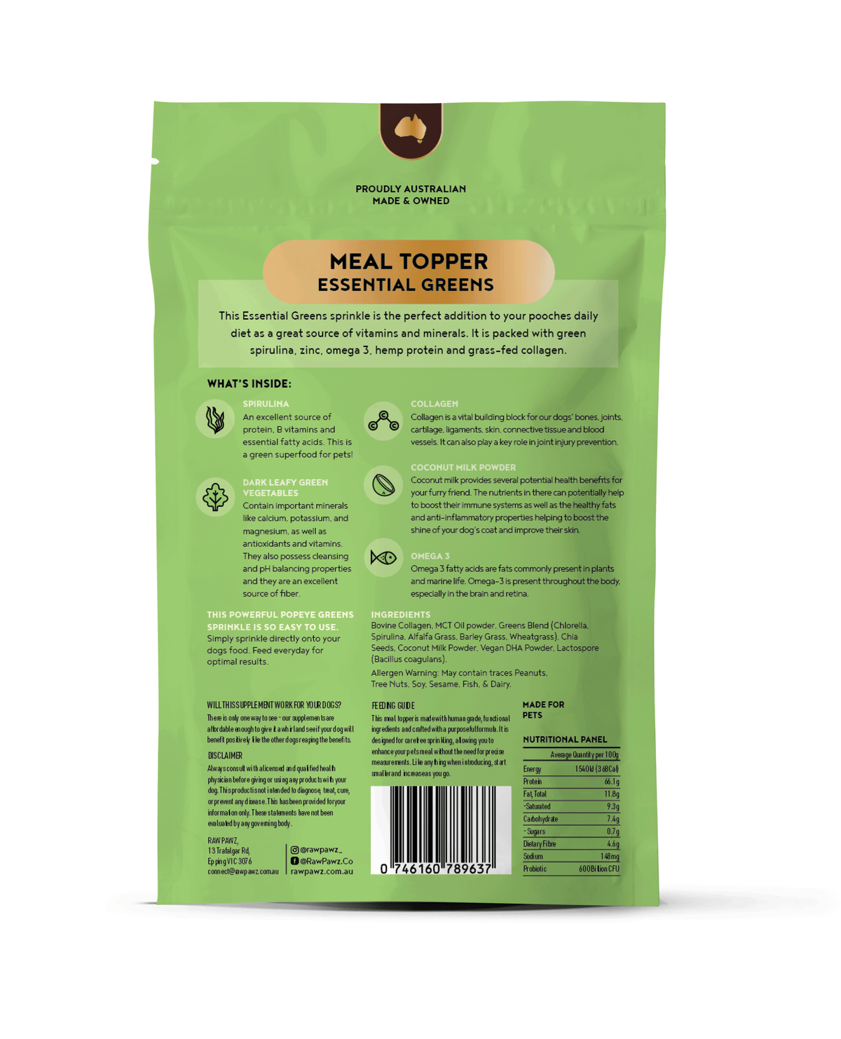Raw Pawz Essential Greens Dog Meal Topper back of pack showing ingredients