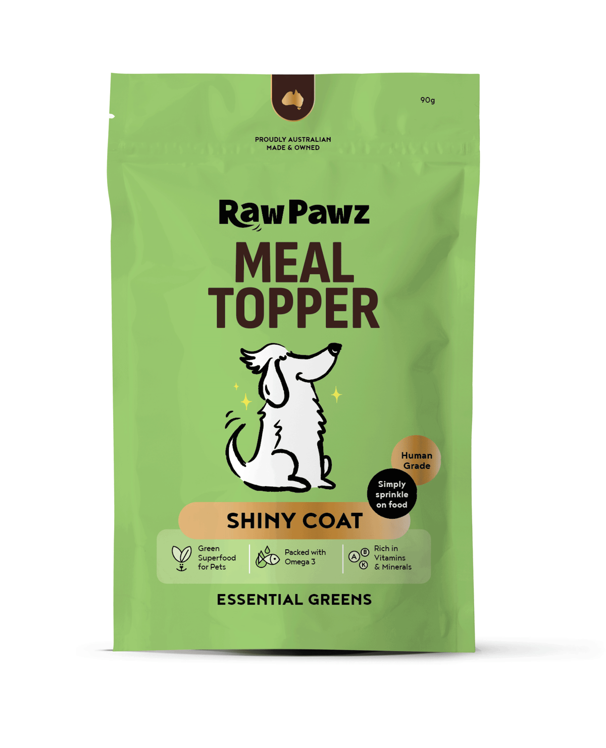 Raw Pawz Essential Greens Dog Meal Topper 90g pack, front of pack