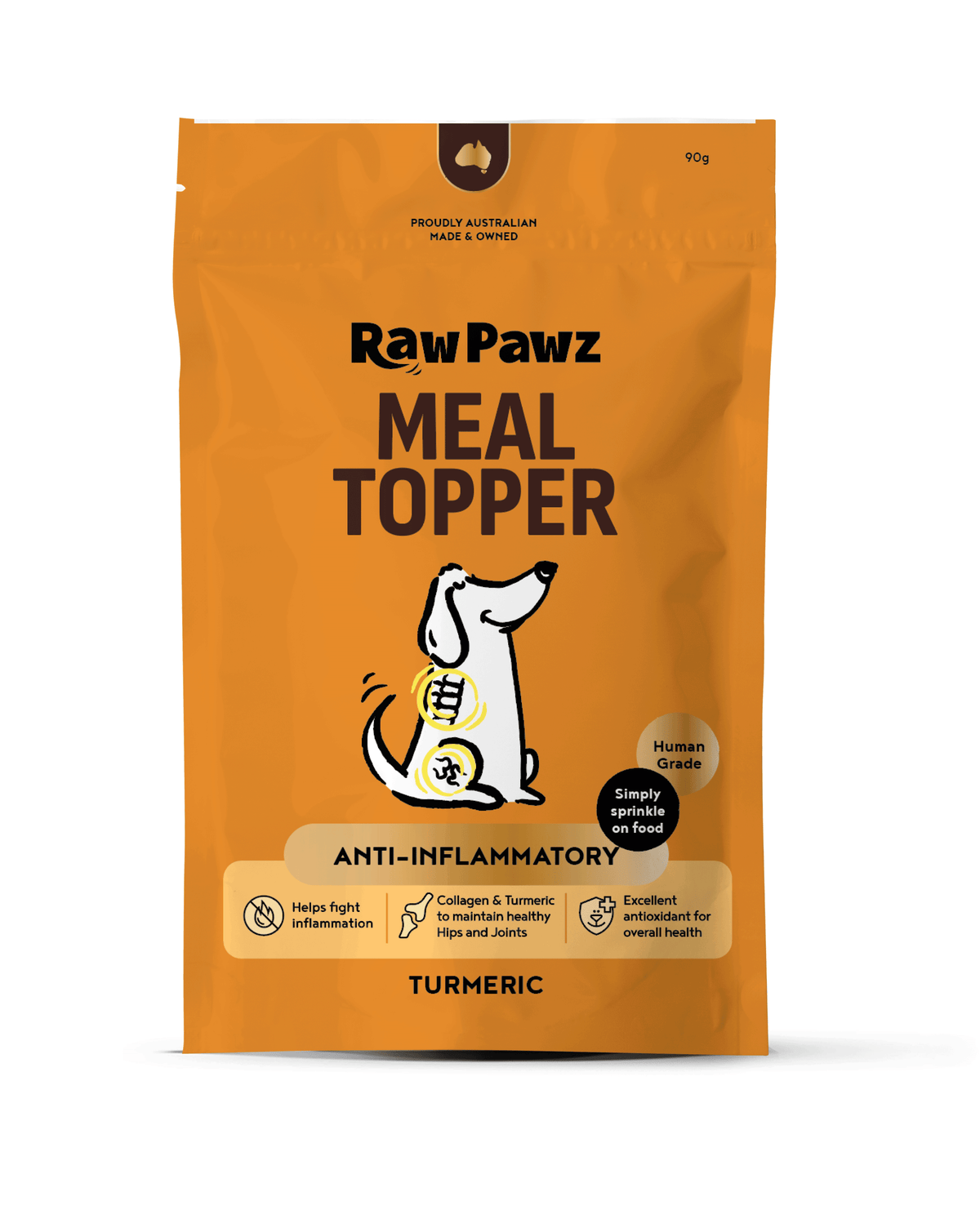 Raw Pawz Turmeric Dog Meal Topper 90g pack, front of pack