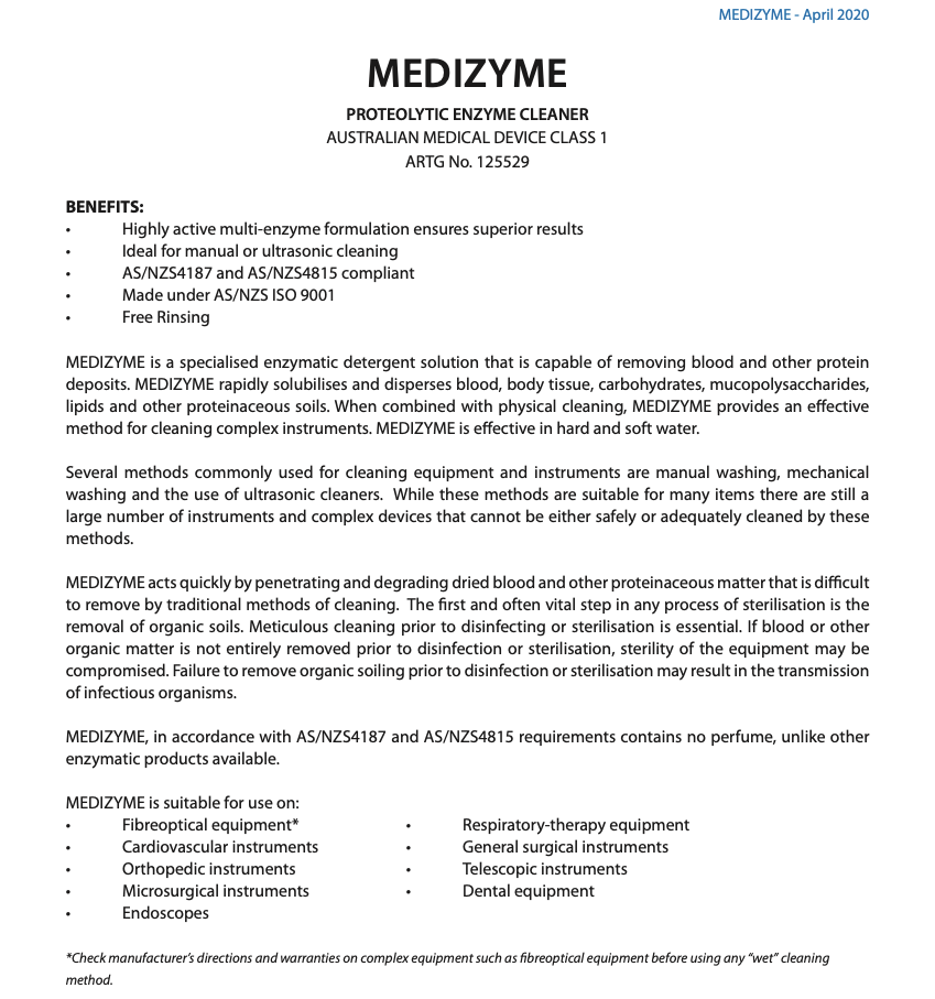 Whiteley Medizyme enzymatic instrument cleaner 5L bottle