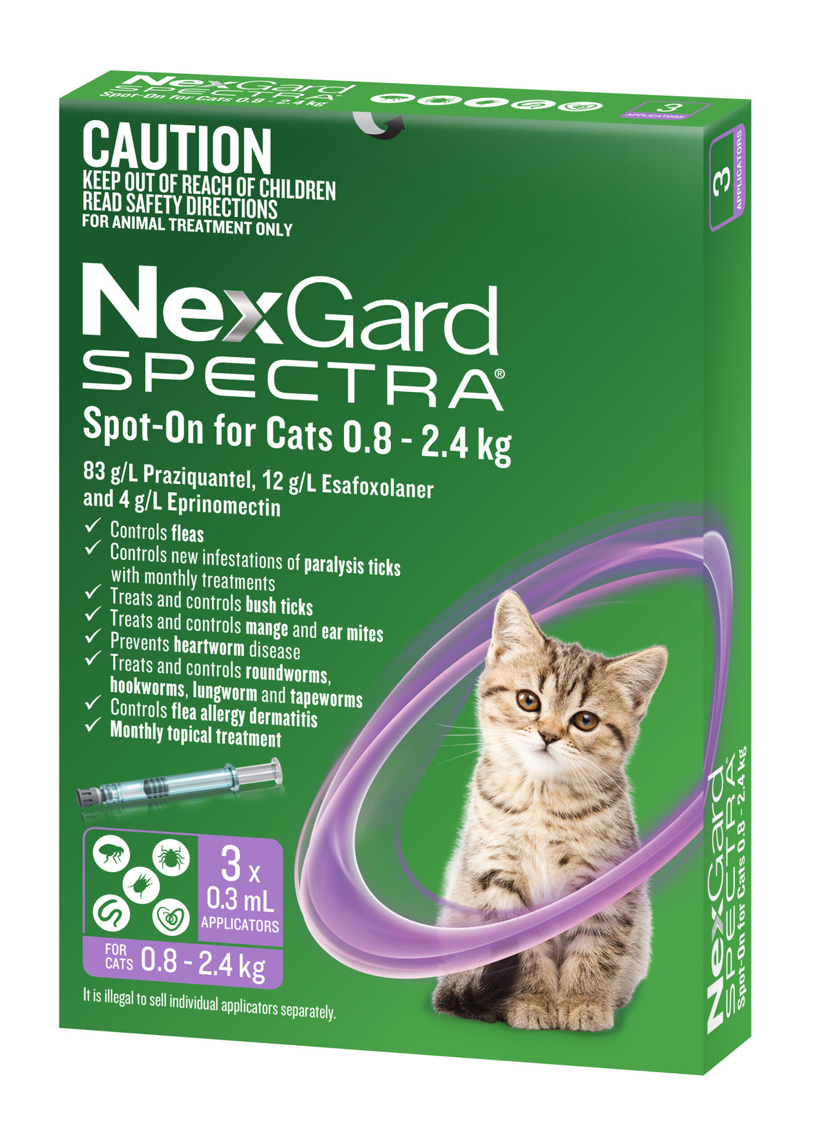 NexGard Spectra Spot-On for Cats carton, purple 0.8-2.4 kg band, three-pipette pack
