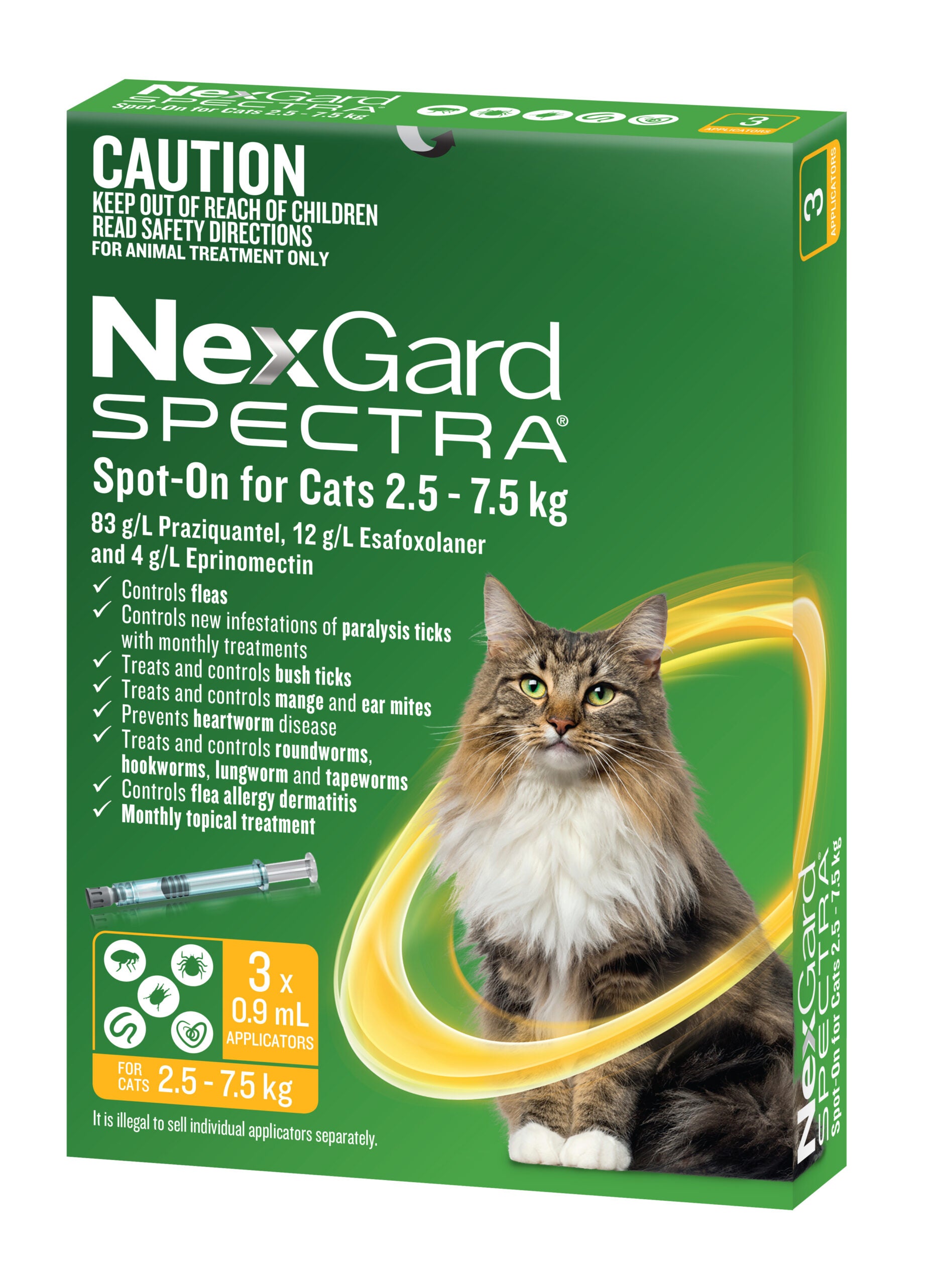 NexGard Spectra Spot-On for Cats, yellow 2.5-7.5 kg 3 pack shown at an angle