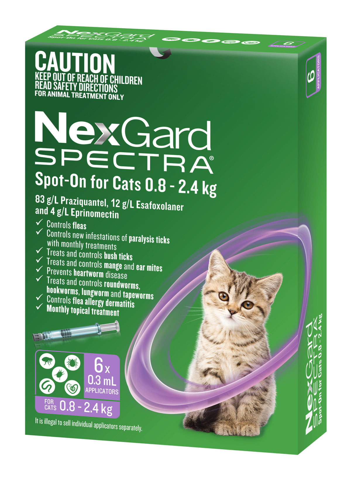 NexGard Spectra Spot-On for Cats carton, purple 0.8-2.4 kg band, six-pipette pack