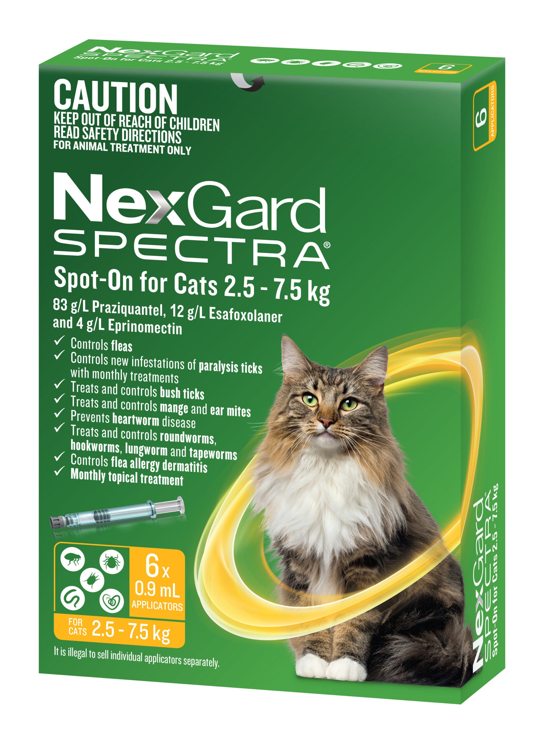 NexGard Spectra Spot-On for Cats, yellow 2.5-7.5 kg 6 pack shown at an angle