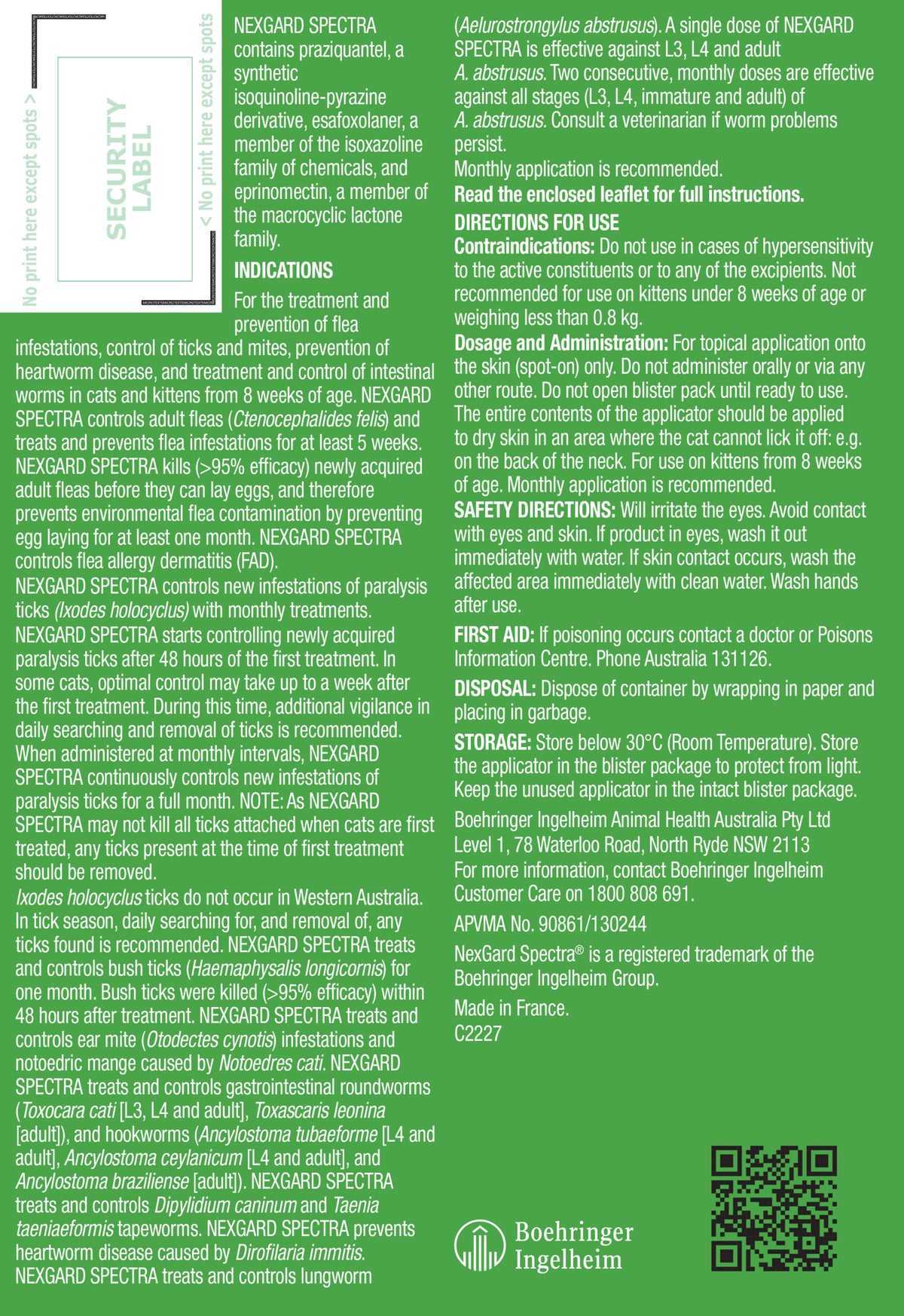 NexGard Spectra Spot-On for Cats carton back panel and leaflet text, smaller cat pack